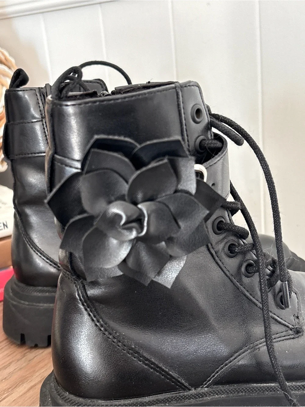 Zara Kids Black Floral Chunky Combat Boots Girl US Size 1 or EU 32